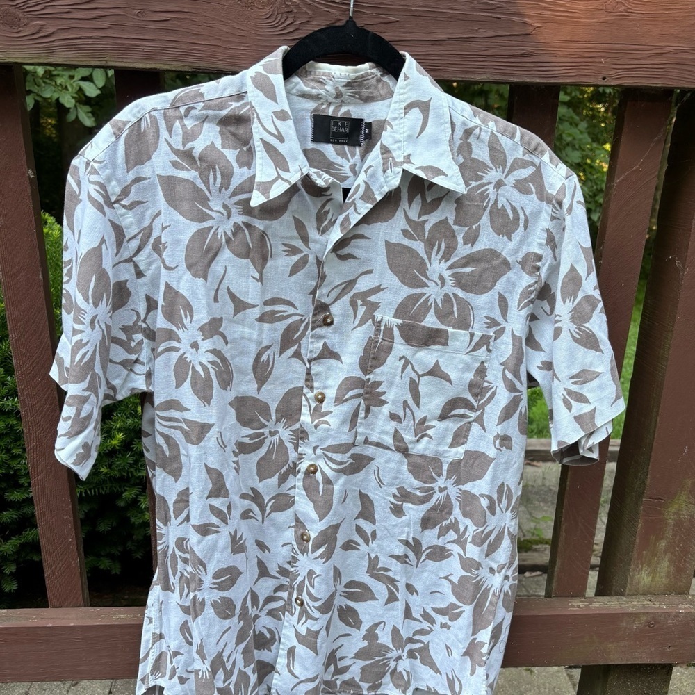 Vintage Ike Behar Men's Brown & White Tropical Short Sleeve Linen Blend Shirt  M